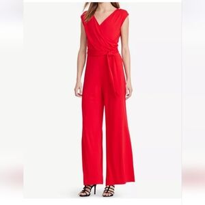 RALPH LAUREN Black Label V Neck Wide Leg Stretch Jumpsuit In Red. Size 2X NWT